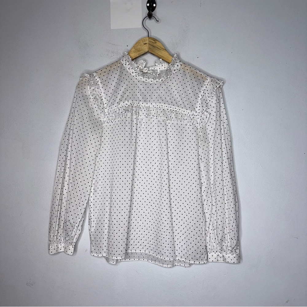 Madewell‎ Mockneck Ruffle Top in Flocked Dot White and Black Blouse Size XS